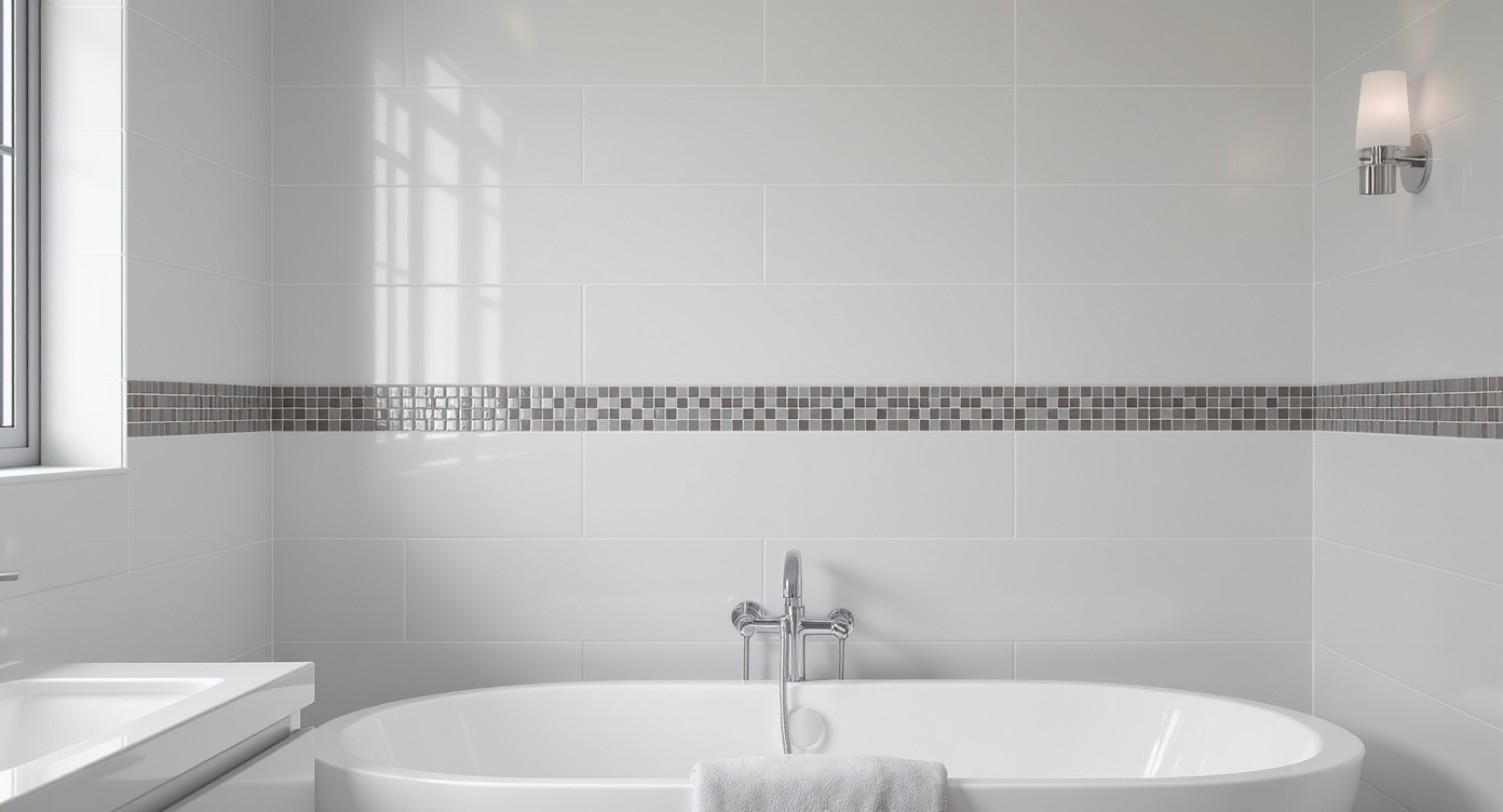 Gray and white compact bathroom with aligned mosaic accent tiles, PVC crown molding, chrome tub filler, and upgraded lighting and hardware.