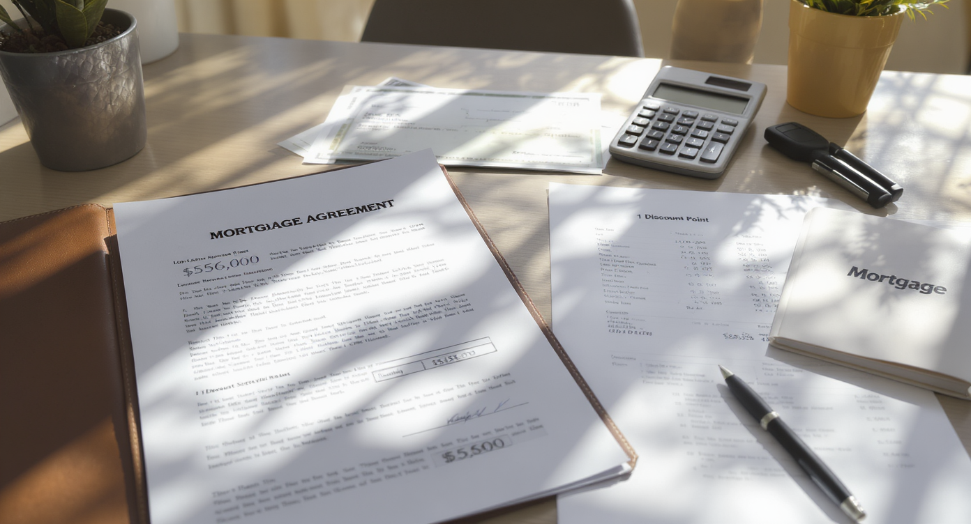 Photorealistic home office tabletop with mortgage agreement, $560,000 loan details, calculator, and printed $5,600 discount point breakdown, no people.