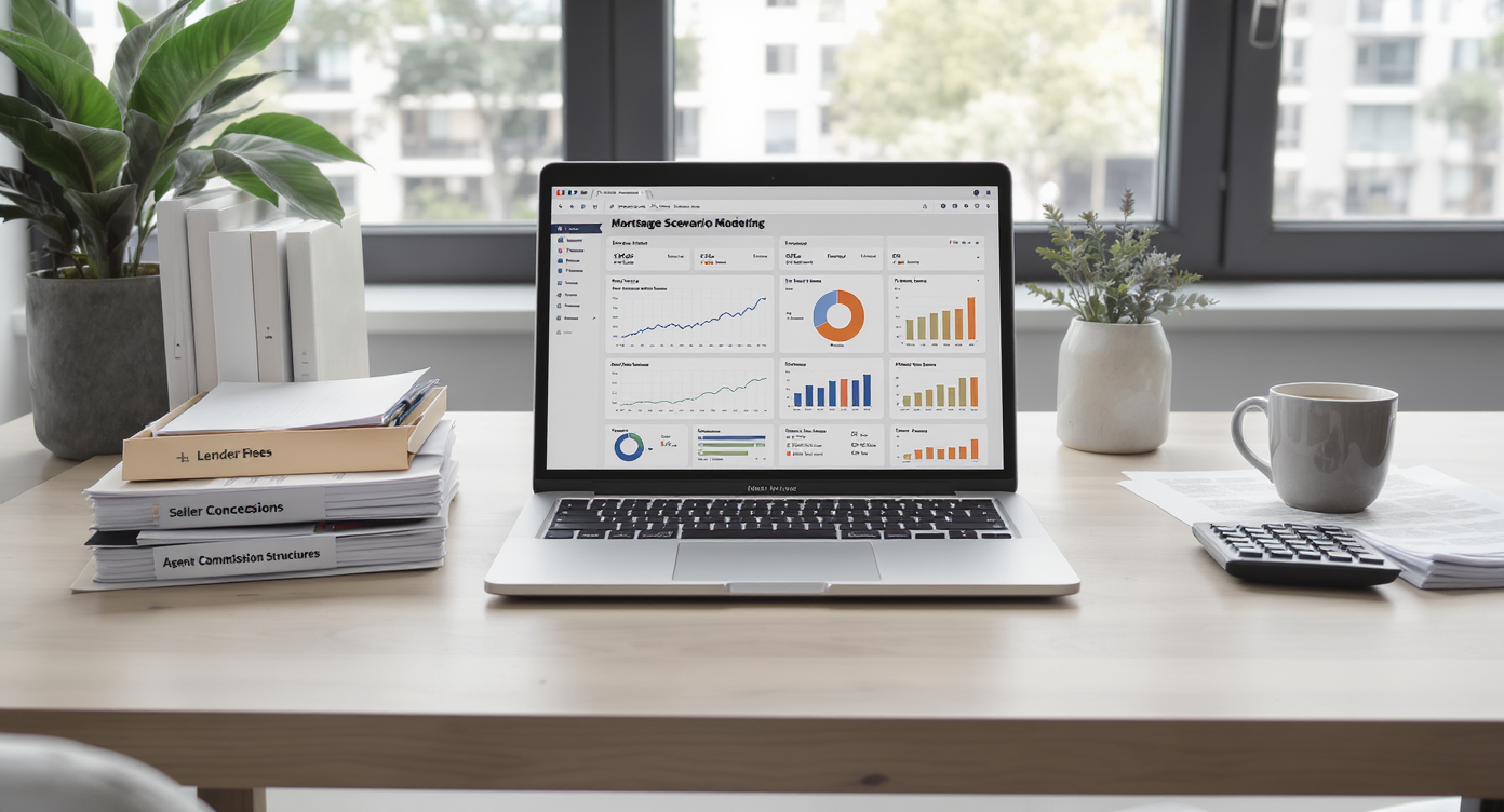A sunlit home office desk displays a laptop running fee modeling software, organized folders, printed documents, and a calculator, all set for mortgage negotiation analysis.