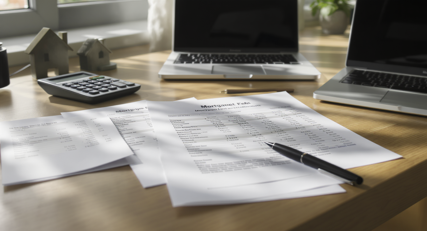A modern desk displays mortgage paperwork, fee statements, rate charts, a calculator, and a house-shaped paperweight in natural daylight.