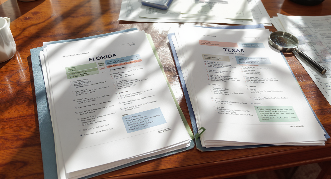 Two distinct state-labeled folders on a desk, each containing real mortgage documents and fee sheets that reflect contrasting regional lender fees.