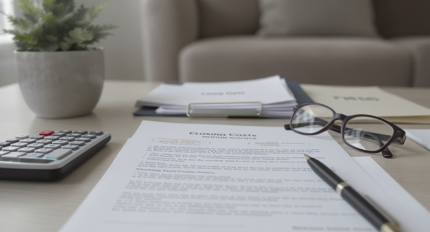 Close-up of a home office desk with mortgage documents, calculator, and folders labeled for points, fees, and closing costs, lit by natural daylight.