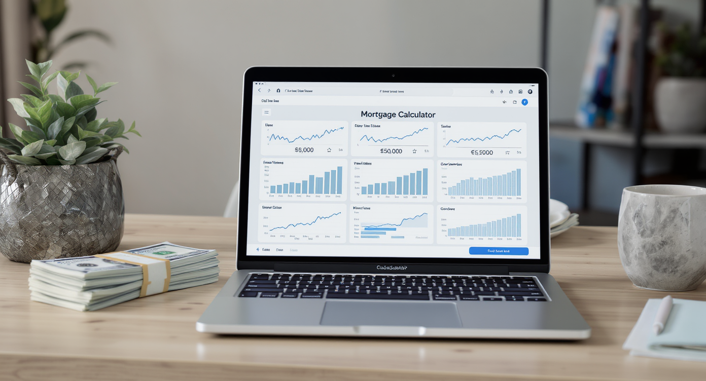 A modern home office desk with a laptop displaying a mortgage calculator, $5,000 cash, and a folder labeled 'Down Payment' in natural light.