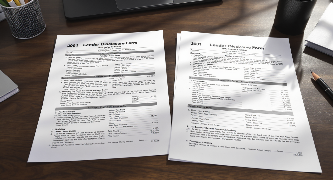 A modern home office desktop with lender disclosure forms from 2001 and today side by side, a calculator, glasses, and blank checks, illustrating rising mortgage fees.