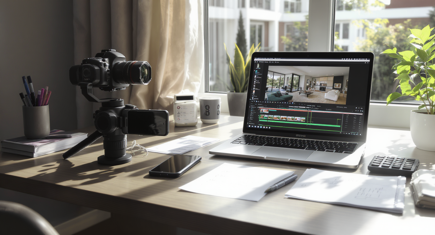 Photorealistic scene of a real estate content creator's desk with camera gear, laptop editing a property video, pricing sheets, and natural daylight.