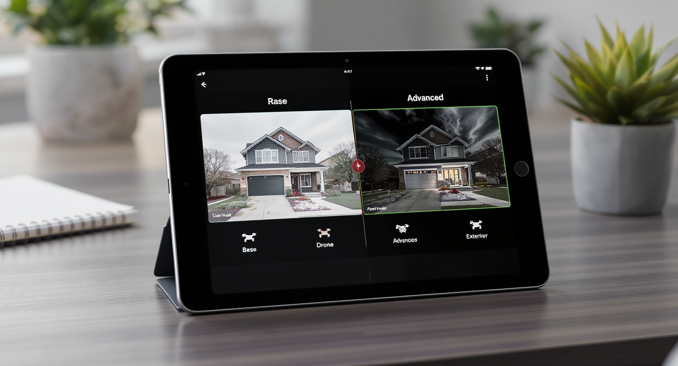 Modern real estate agent’s desk with digital tablet showing tiered media packages, printed bundle sheets, and a calendar with service turnaround times.