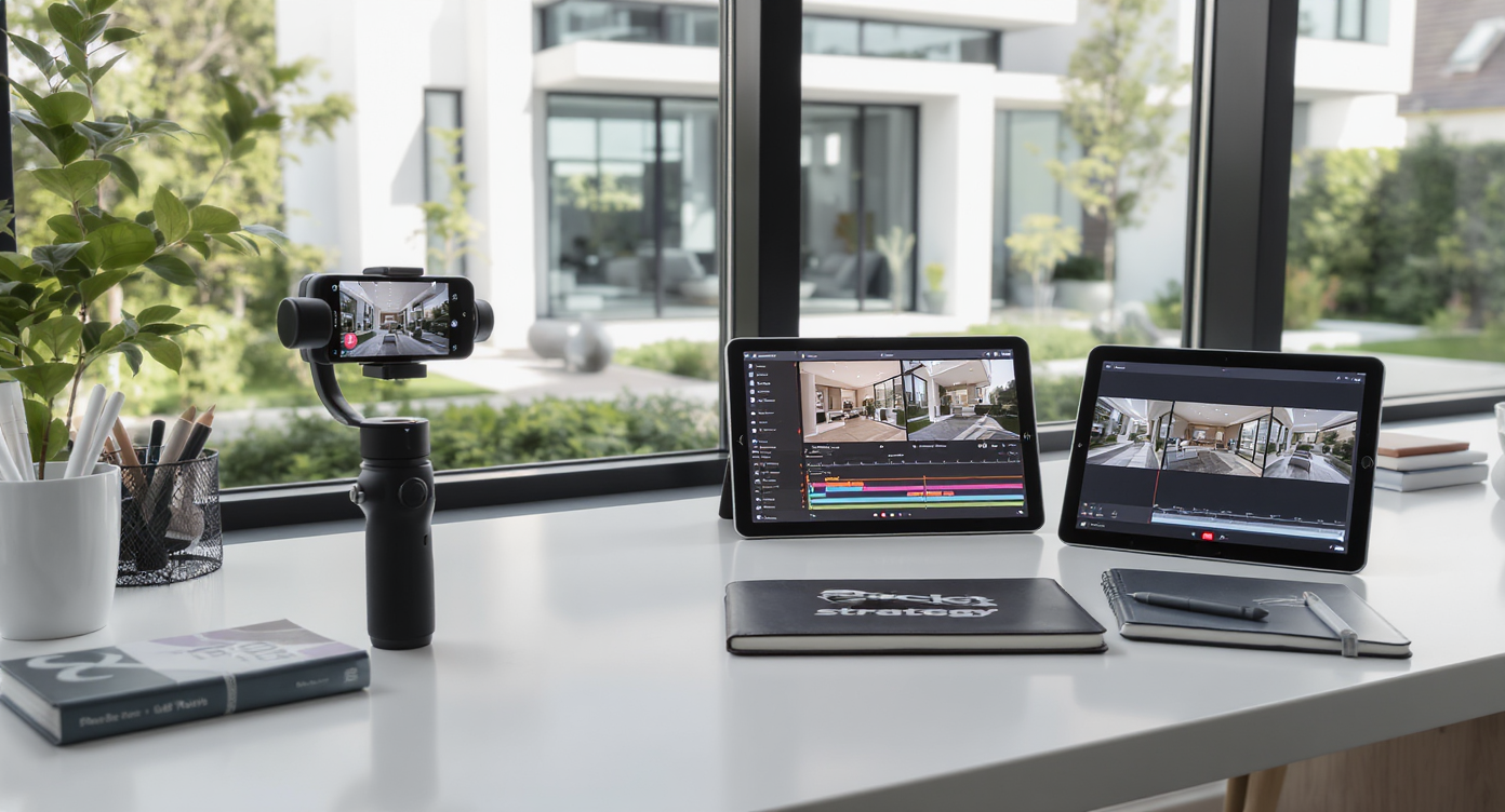 A modern real estate workspace with a phone on a gimbal recording equipment, tablet with video editing software, and pricing notes—no people visible.