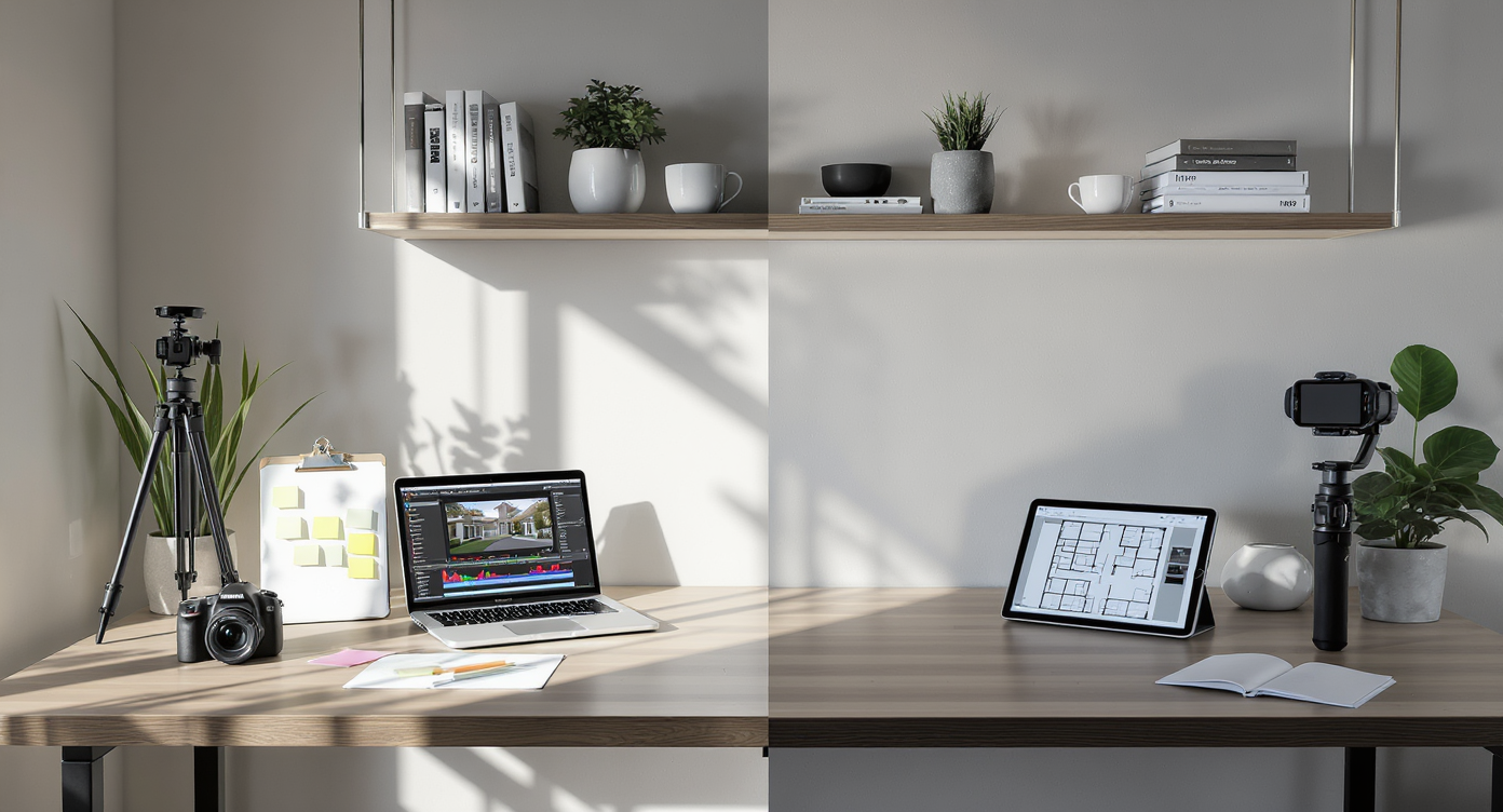 Organized real estate media desk with camera, storyboard, editing laptop, and gimbal, showing tools used for social media reels and tours.