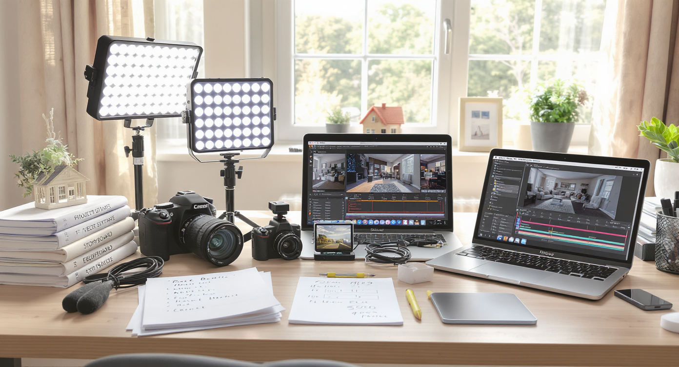 Photorealistic workspace with cameras, lighting, laptop showing a real estate reel, paperwork on storyboarding and project estimates, no people visible.