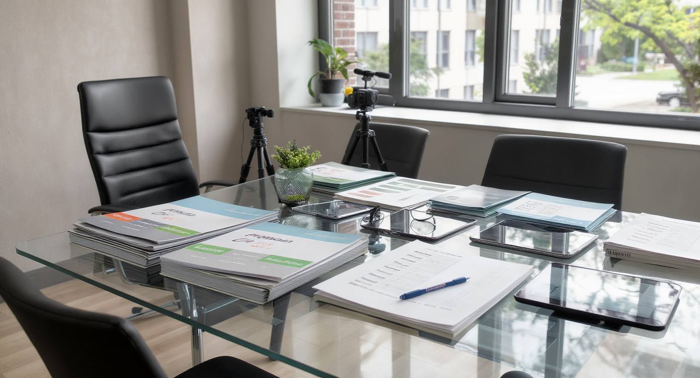 A real estate workspace with binders for video packages, printed proposal sheets, camera equipment, and tablet calendar under soft daylight.