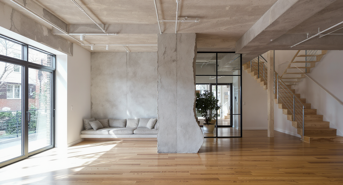 A remodeled living space with an off-center column integrated into a seating nook, flanked by a glass partition guiding clear pathways through the area.