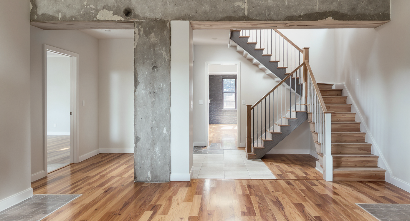 Open-plan remodel space with an exposed column disrupting the pathway, misaligned beams, and mismatched flooring highlighting odd circulation.