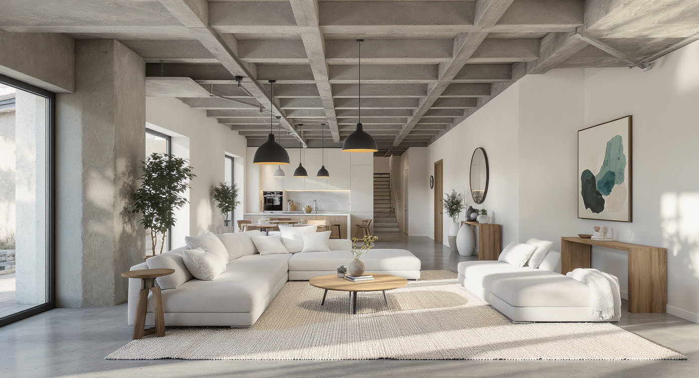 A photorealistic modern living area featuring exposed columns, a cross-ceiling beam, and a narrow corridor, with furniture and lighting arranged to harmonize awkward structural elements.