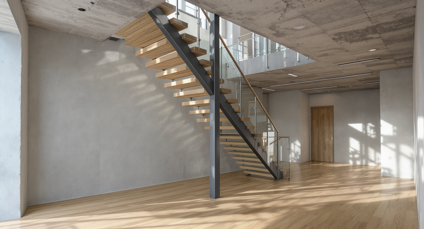 Modern remodeled interior with floating wood stairs supported by slim columns, glass guardrails, exposed beams, and open circulation paths.