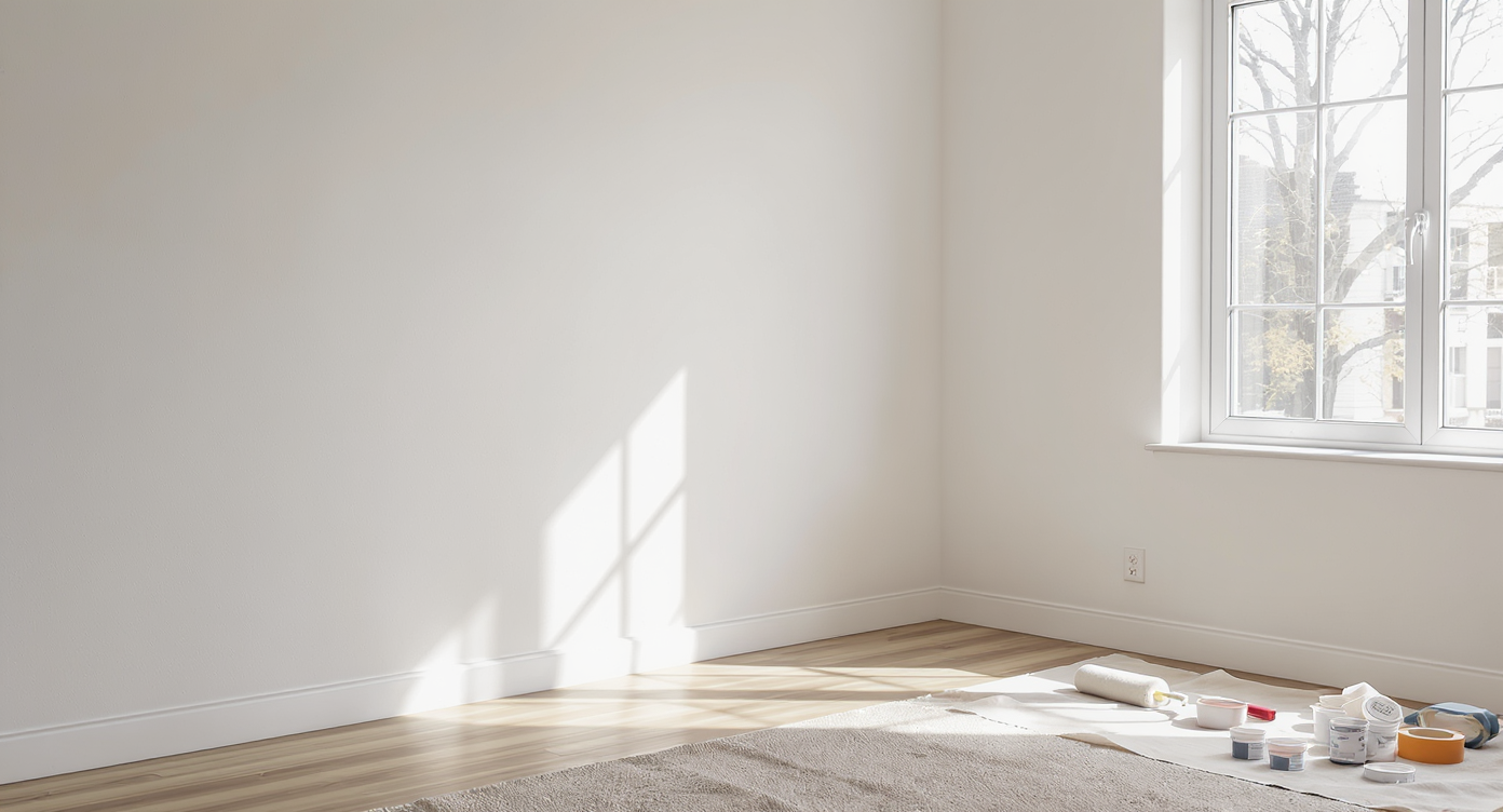 A bright, empty bedroom shows oversized paint samples in creamy whites and cool silvers on sunlit walls, tools arranged neatly for testing color.