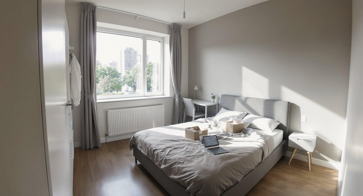 Photorealistic, daylight-filled bedroom with bed on the longest wall, open floor, desk below window, and boxes plus layout plan on the bed.