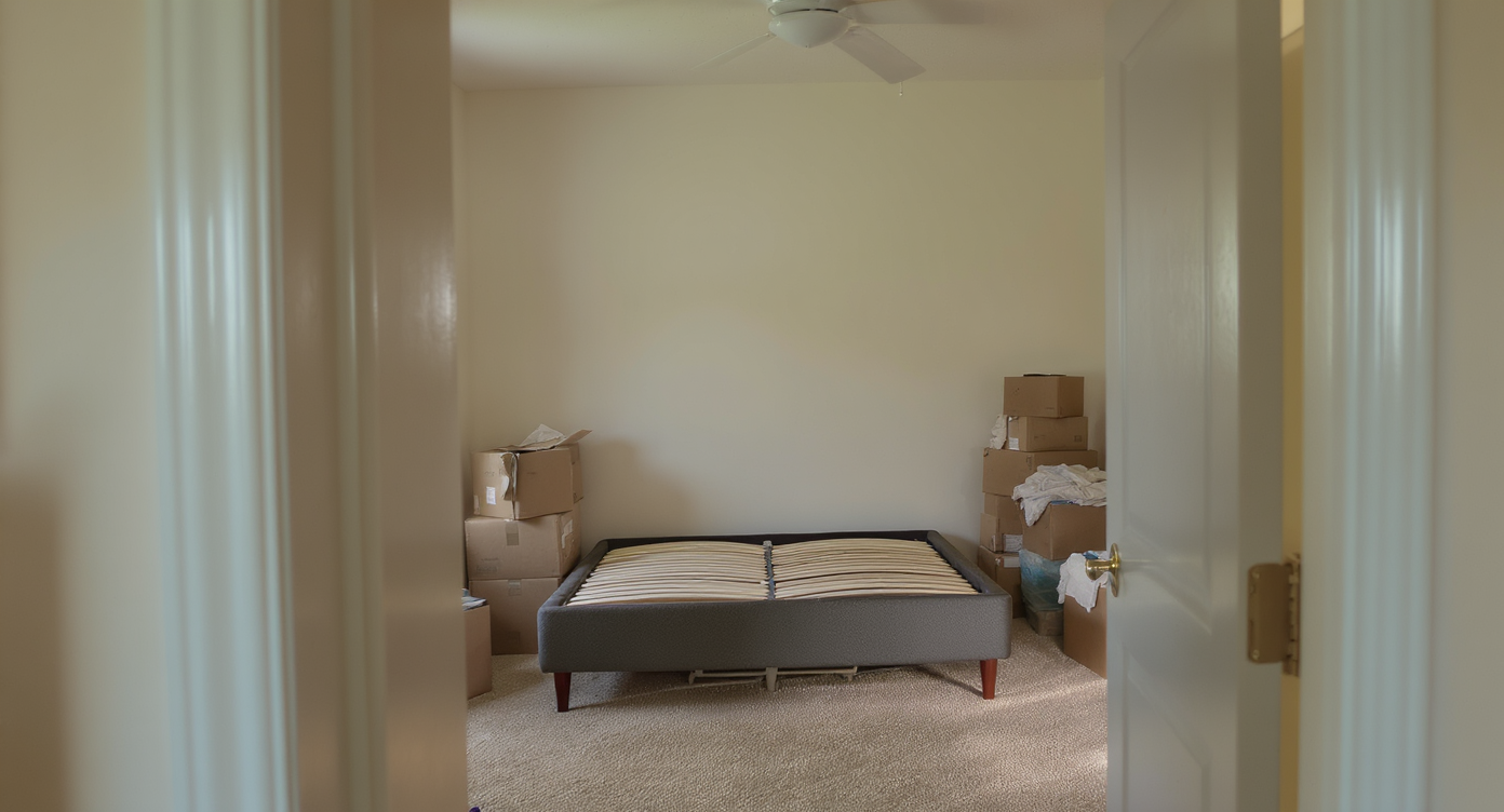 A cleared bedroom prepared for renovation, with stacked boxes, exposed lighting, paint cans, new fixtures, and a single bedframe in natural daylight.