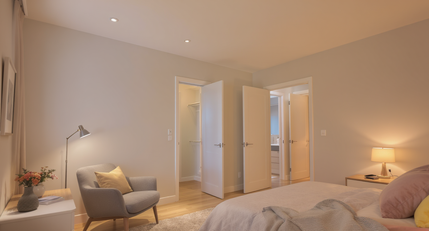 Modern bedroom with evenly spaced recessed ceiling lights, a lit reading nook, desk with task lamp, and smart lighting controls, showing layered lighting.