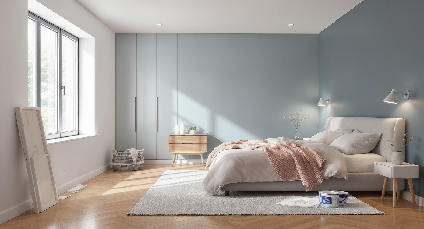Ultra-realistic hero image of a modern bedroom remodel with smart lighting, new paint, layout plans, and renovation supplies, no people, natural light.