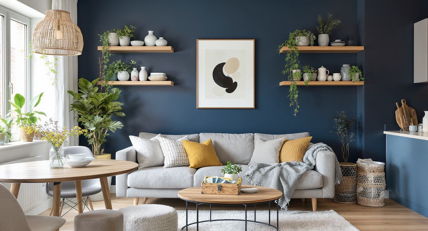 Modern living room in a first home, featuring a stylish accent wall, cozy sofa, practical tools, and creative décor ideas in a photorealistic scene.