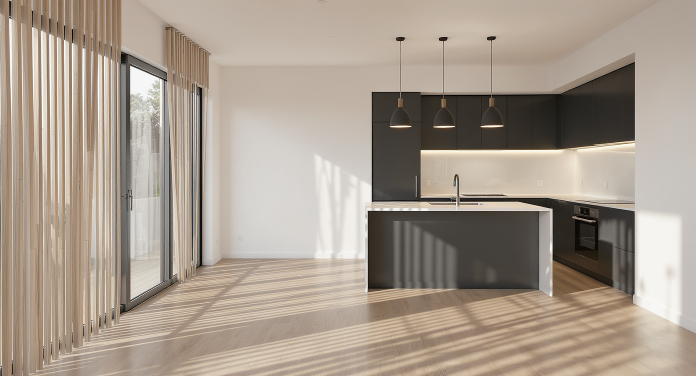 Sunlight streams through wood slats, casting geometric shadows on white walls in an open-plan kitchen with quartz counters and espresso cabinetry.