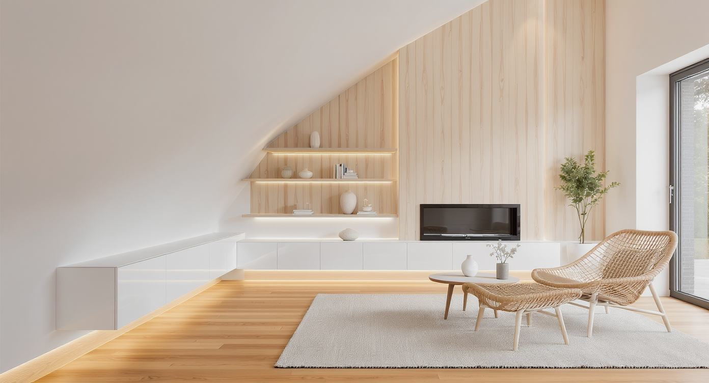 Modern living room with mixed wood tones, rattan accents, built-in storage, sloped ceiling, and subtle uplighting enhancing feature wall.