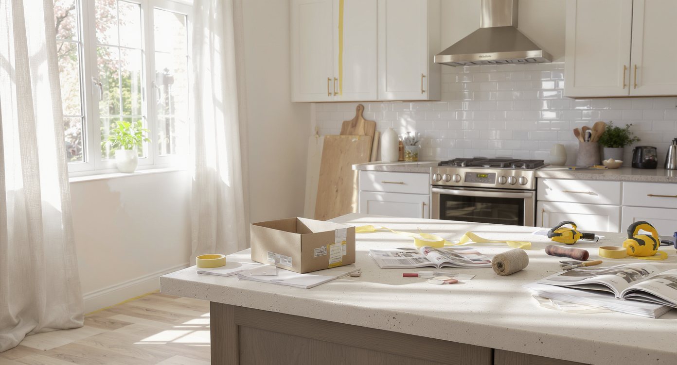 A naturally lit, partially renovated home interior showing wood floor installation, painted walls, backsplash samples, and renovation tools set out.