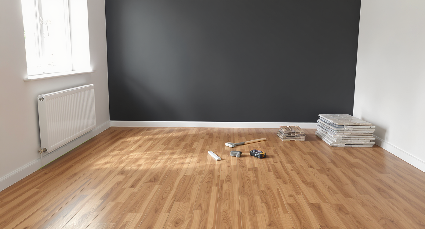 A living room mid-renovation, showing new wood laminate flooring, tools, exposed subfloor and a deep charcoal accent wall with white walls.