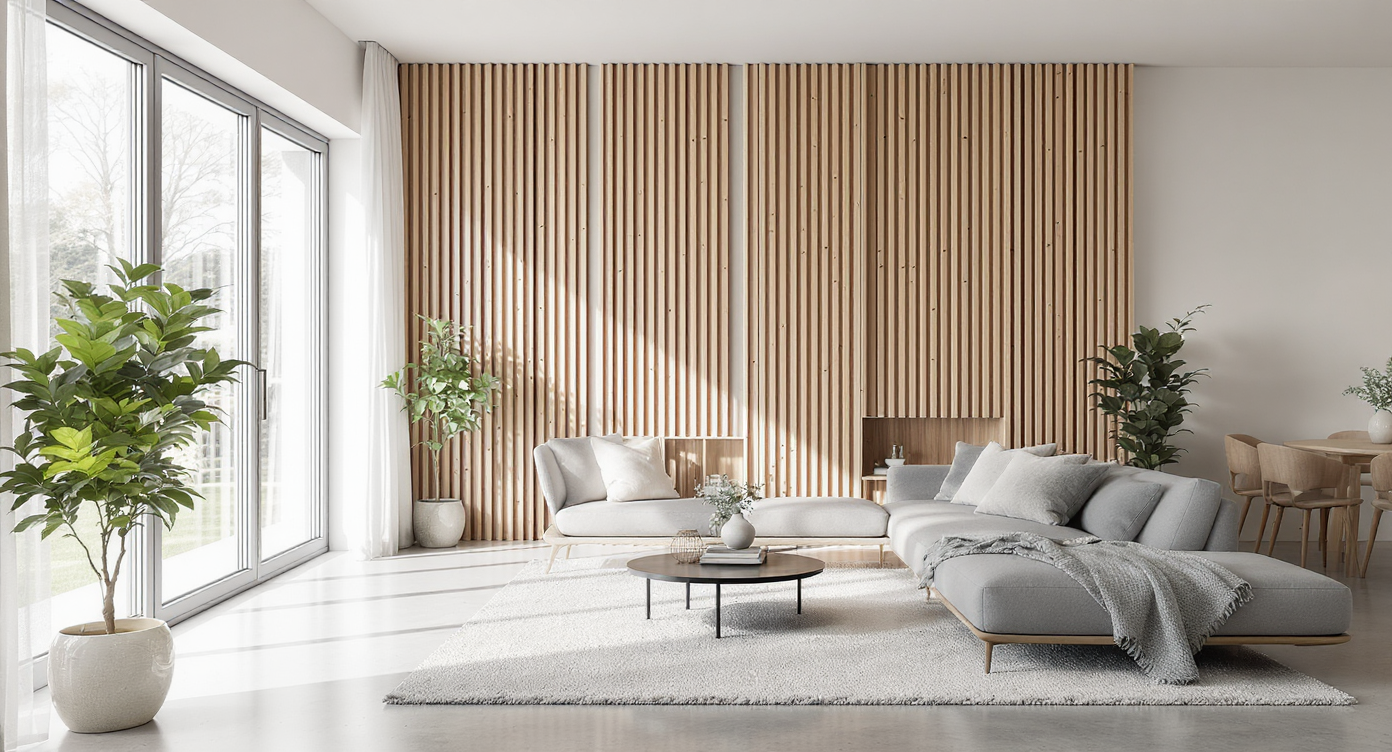 Open-plan living room with vertical wood slat divider, floating furniture, open shelving, area rug, and greenery, all in natural daylight.