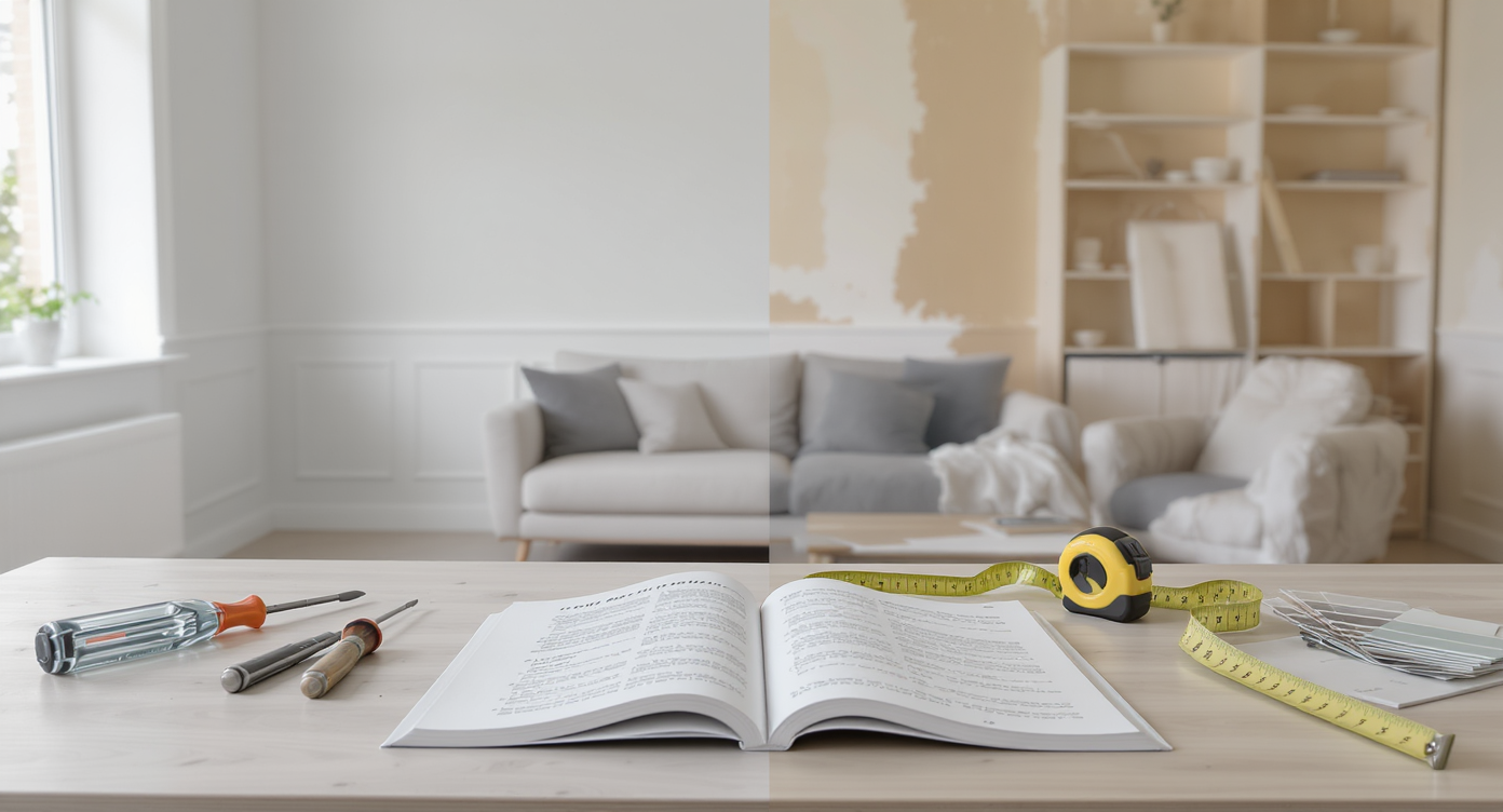 A realistic living room with a worktable holding DIY tools, paint swatches, and an open instruction manual, showing part-finished remodeling.