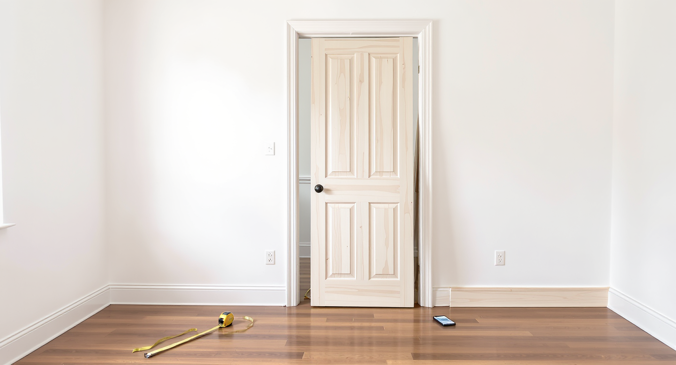 A photorealistic, empty room shows an uninstalled door balanced in its frame, trim held in place, and a smartphone displaying a comparison photo.
