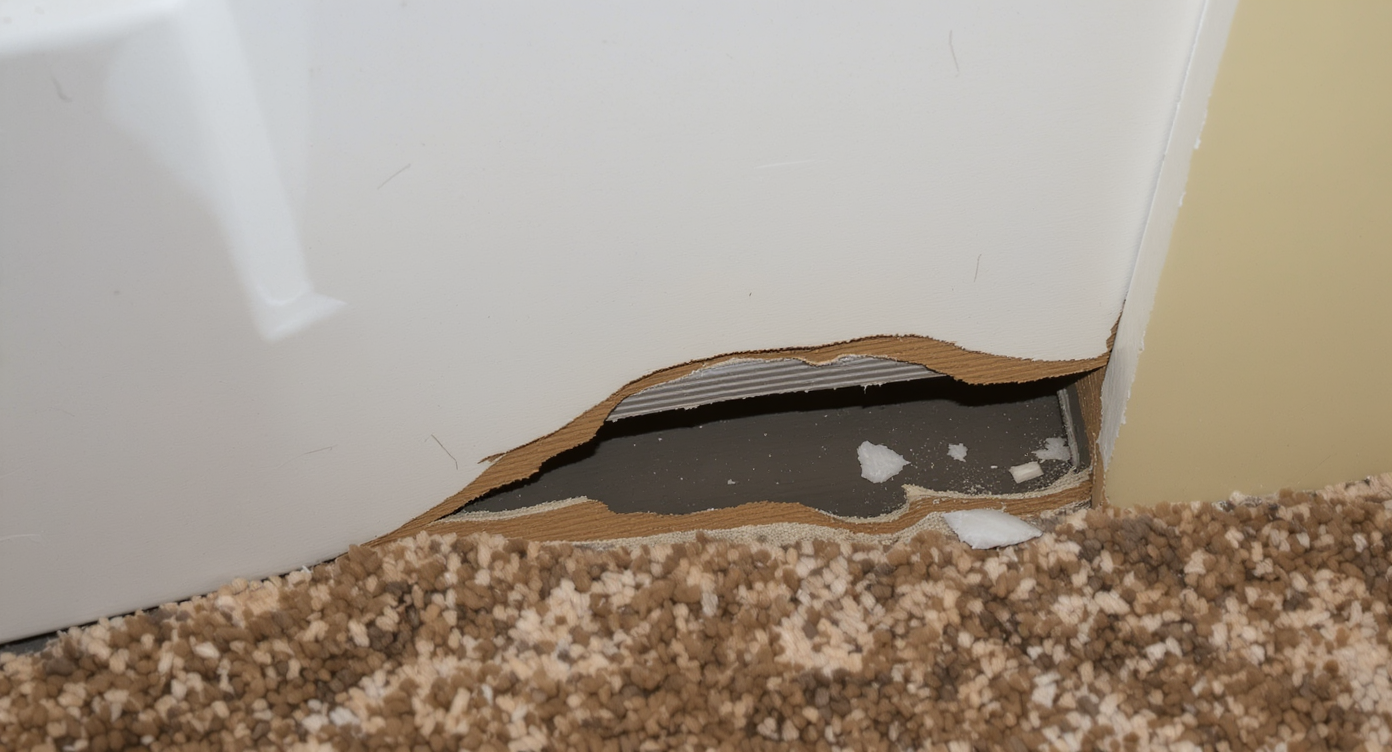 Close-up of a bathroom door jamb poorly installed over carpet, showing a large gap at the bottom and cosmetic damage to baseboards and drywall.