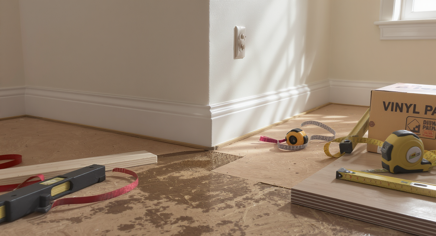 Two empty adjacent rooms with different ceiling heights and floor thicknesses, showing unfinished subfloors, tools, and vinyl planks ready for installation.