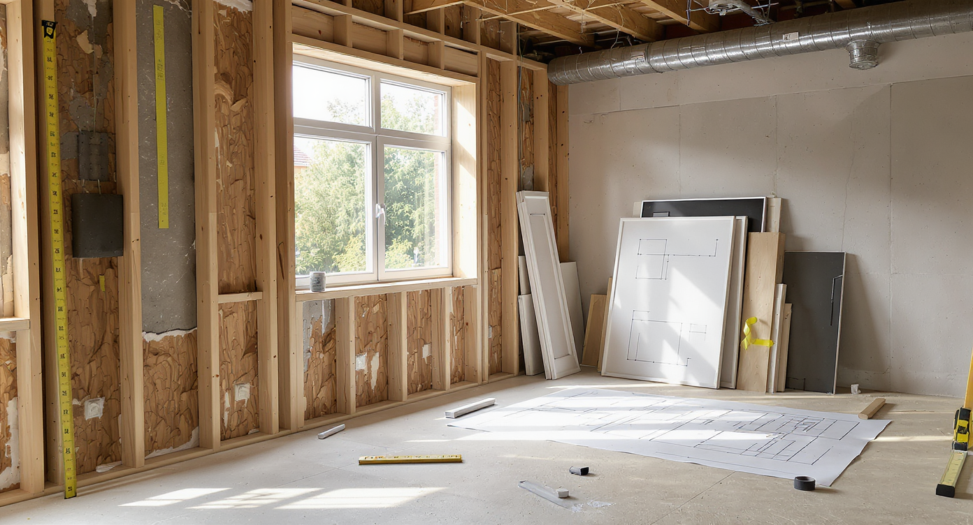 Open-plan renovation workspace showing live wall alignment, window trim planning, and real-scale floor layout sketches, tools and materials only.