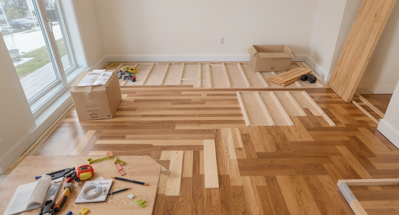 A modern living room in mid-renovation with partially installed flooring, DIY instructions, tools, and an unmounted interior door.