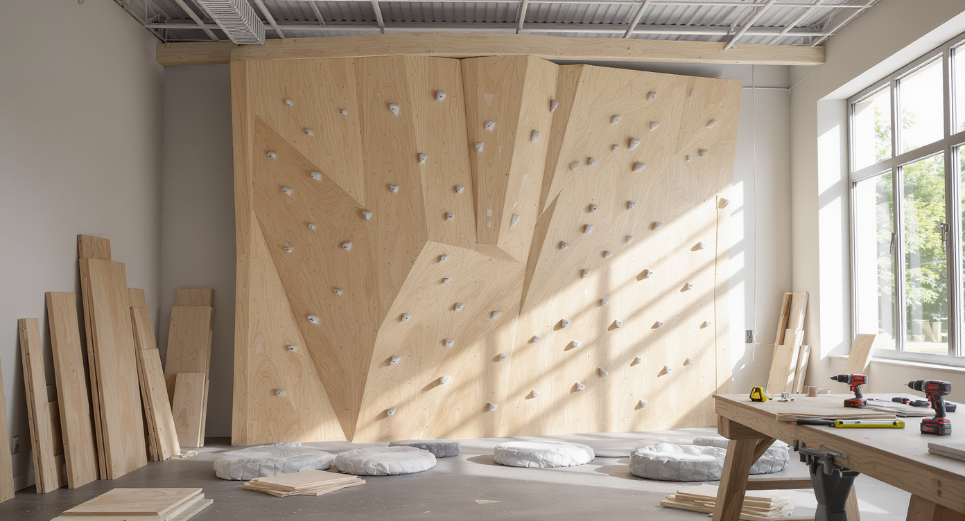 Ultra-realistic photo of a home climbing wall made from high-grade plywood, with tools and sample boards in a bright modern room, no people present.