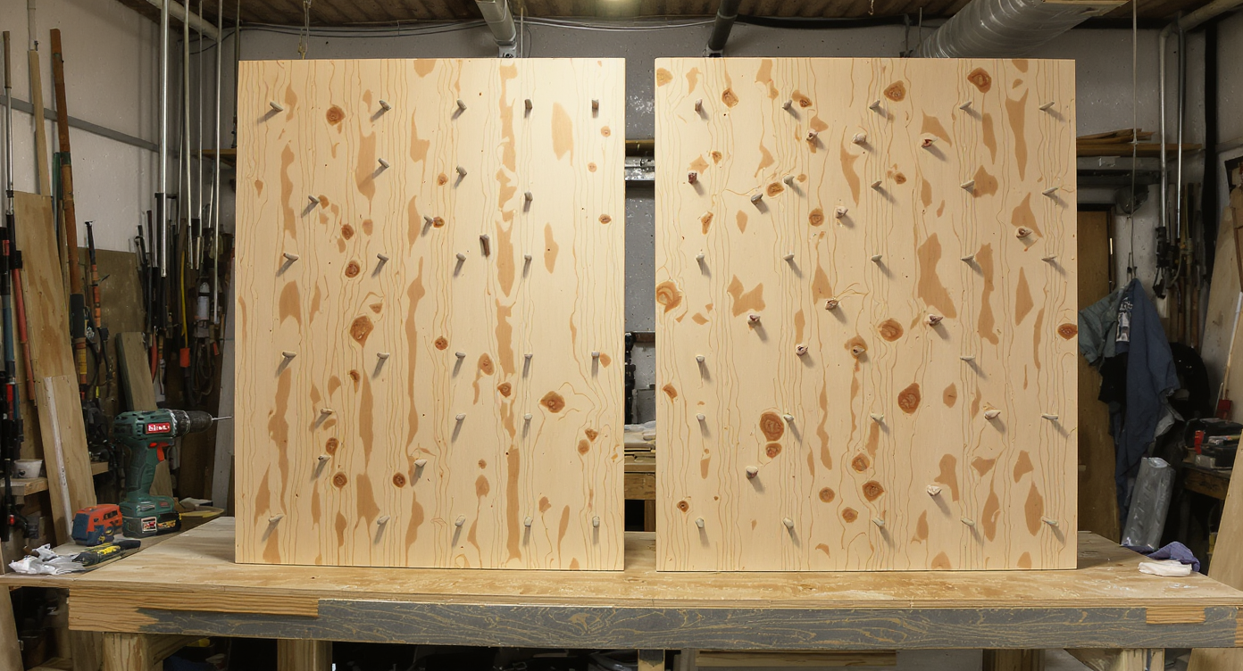 Two indoor climbing wall panels in a workshop contrast sturdy, thick plywood with poorly constructed thin plywood, focusing on material quality.