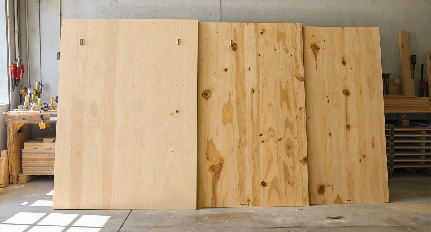 Three plywood panels—ACX, BC, and CDX grades—are displayed upright in a well-lit workshop, edges and faces exposed for quality comparison.