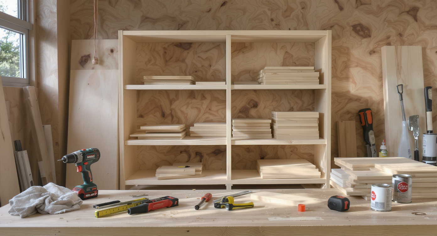 A realistic workspace displays high-quality plywood panels, tools, and a half-assembled custom shelving unit, emphasizing durable material choices.