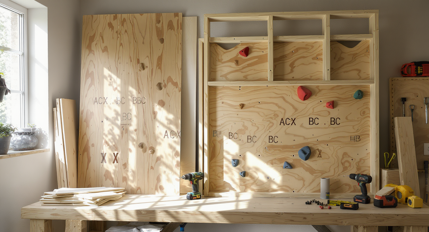 A modern home workshop shows unfinished plywood sheets of varied grades beside a partially built climbing wall frame, with tools and climbing holds arranged neatly.