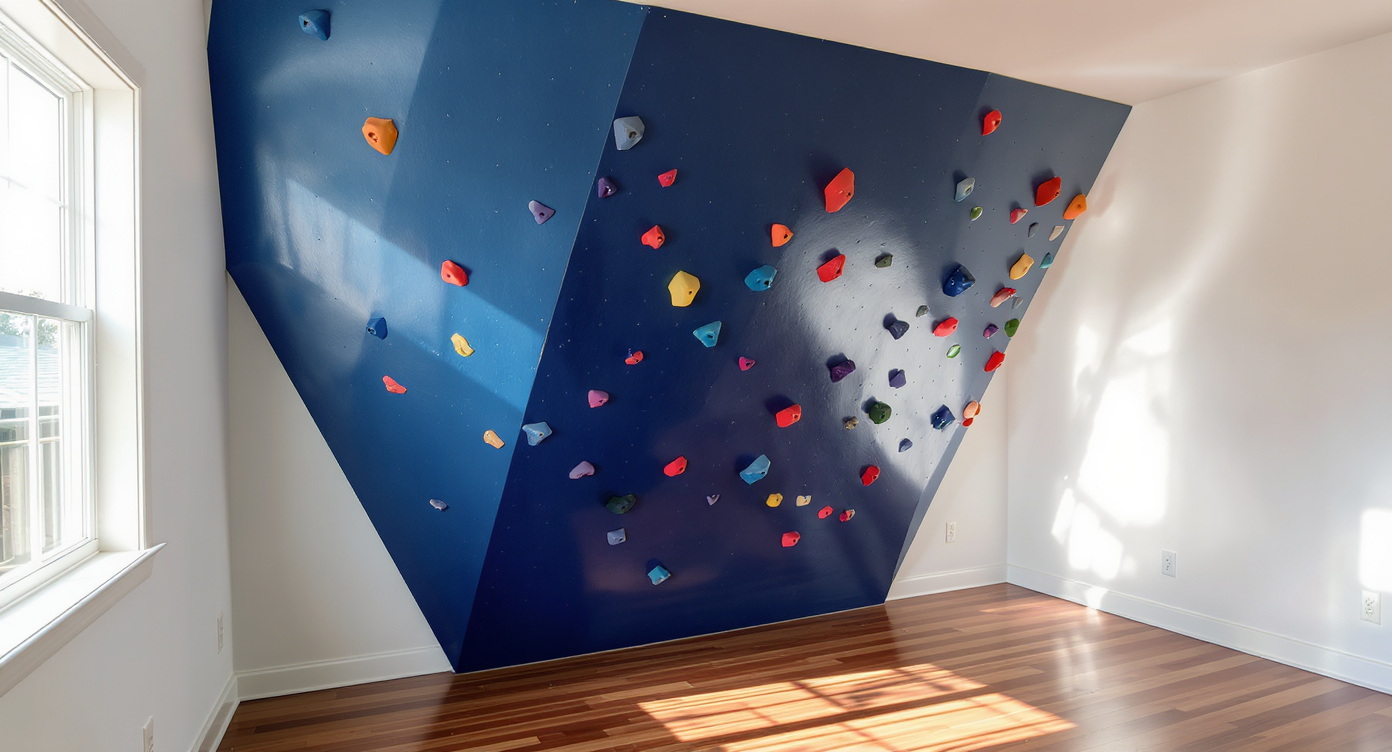 A sunlit bonus room features an eight-foot, deep sapphire blue indoor climbing wall with smooth plywood, arranged holds, and a safe landing area.