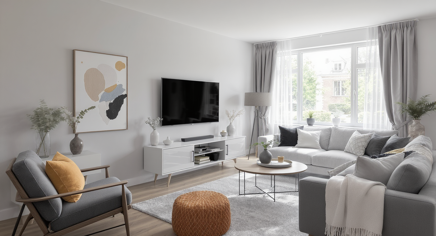 A staged living room displays a recently repaired wall, repair tools, inspection documents, and loan paperwork, embodying post-renovation lessons.