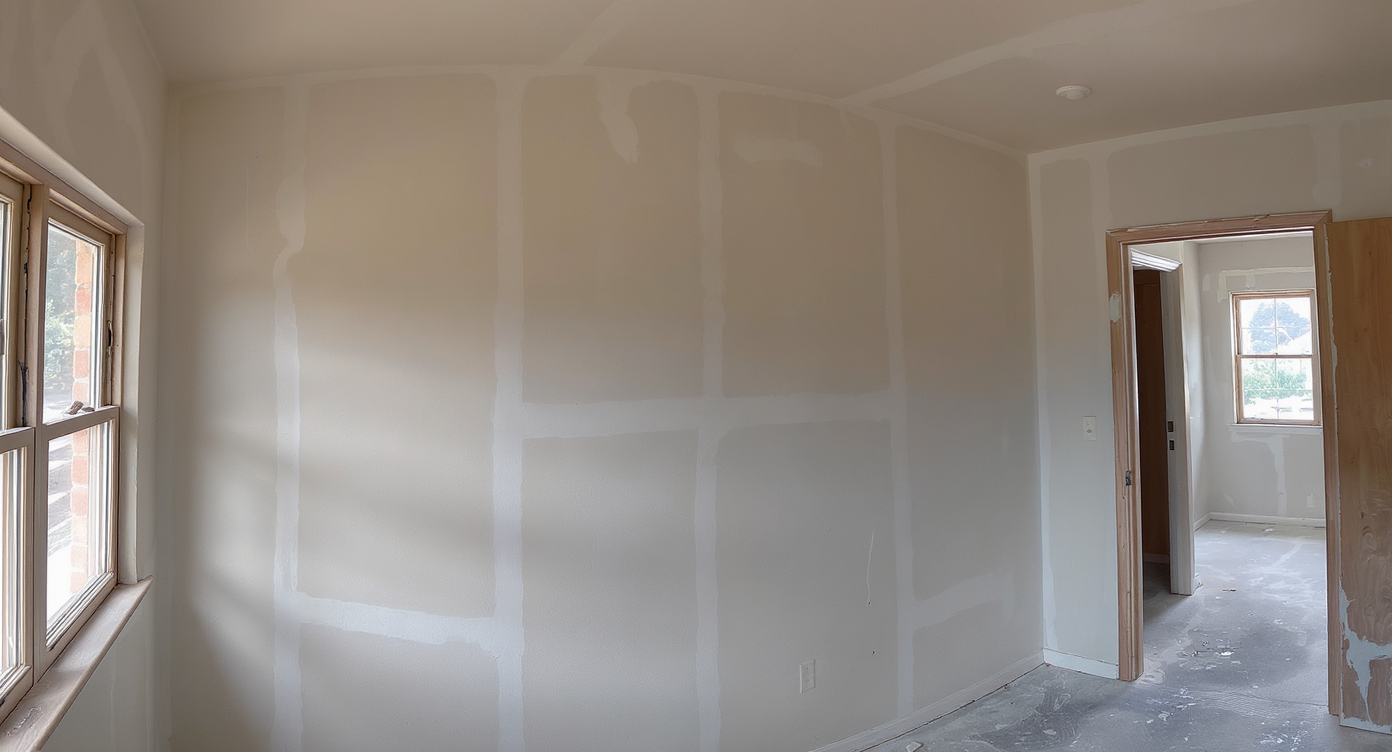 A photorealistic room section shows freshly repaired drywall, subfloor fix, contractor’s toolbox, and official certification papers, all under natural daylight.