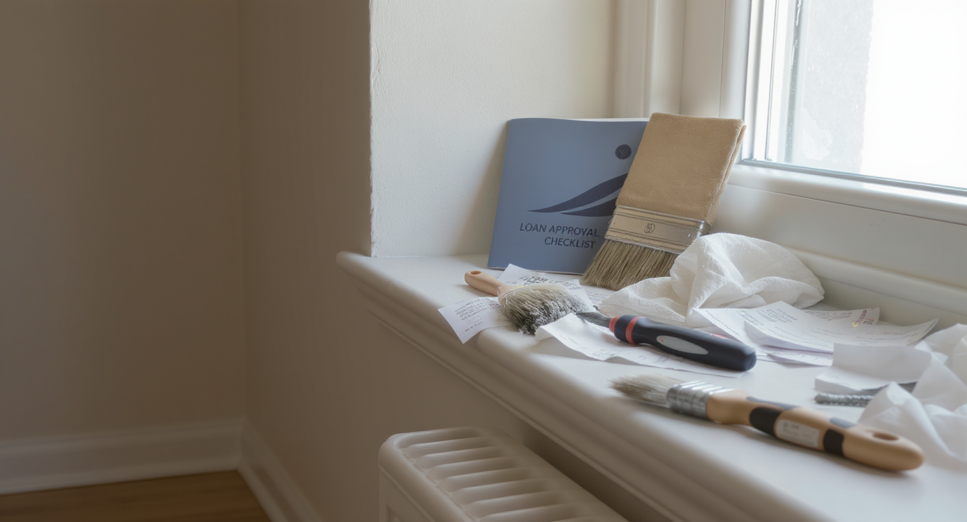 Freshly renovated living room with an unfinished repair patch, home repair tools, and lender documents, highlighting a post-renovation financing dilemma.