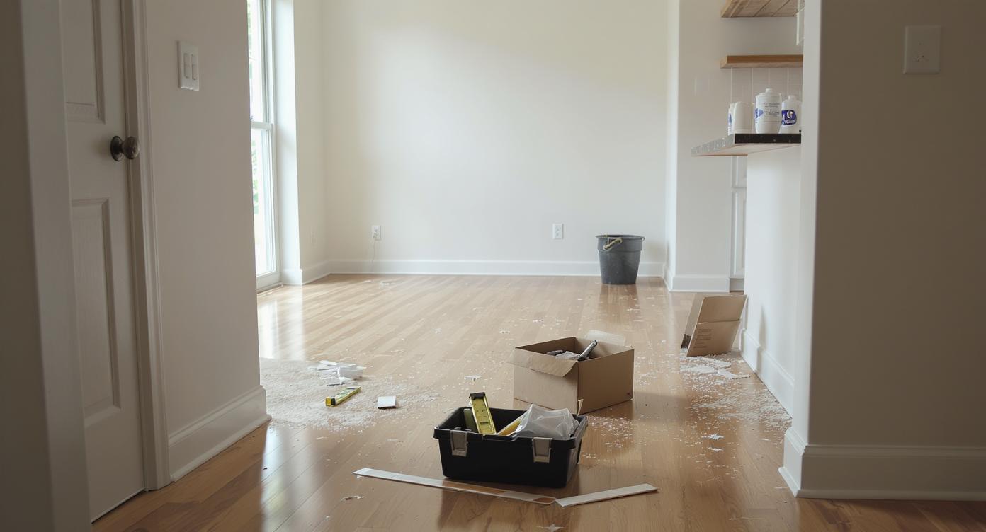 Contemporary living room post-renovation, showing tools, loan papers, and subtle flaws for a realistic sense of home financing dilemmas.