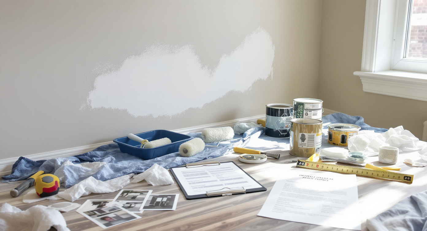 Neatly staged DIY repair scene showing freshly painted wall, painting tools, before-and-after photos on a clipboard, and untouched contractor paperwork.