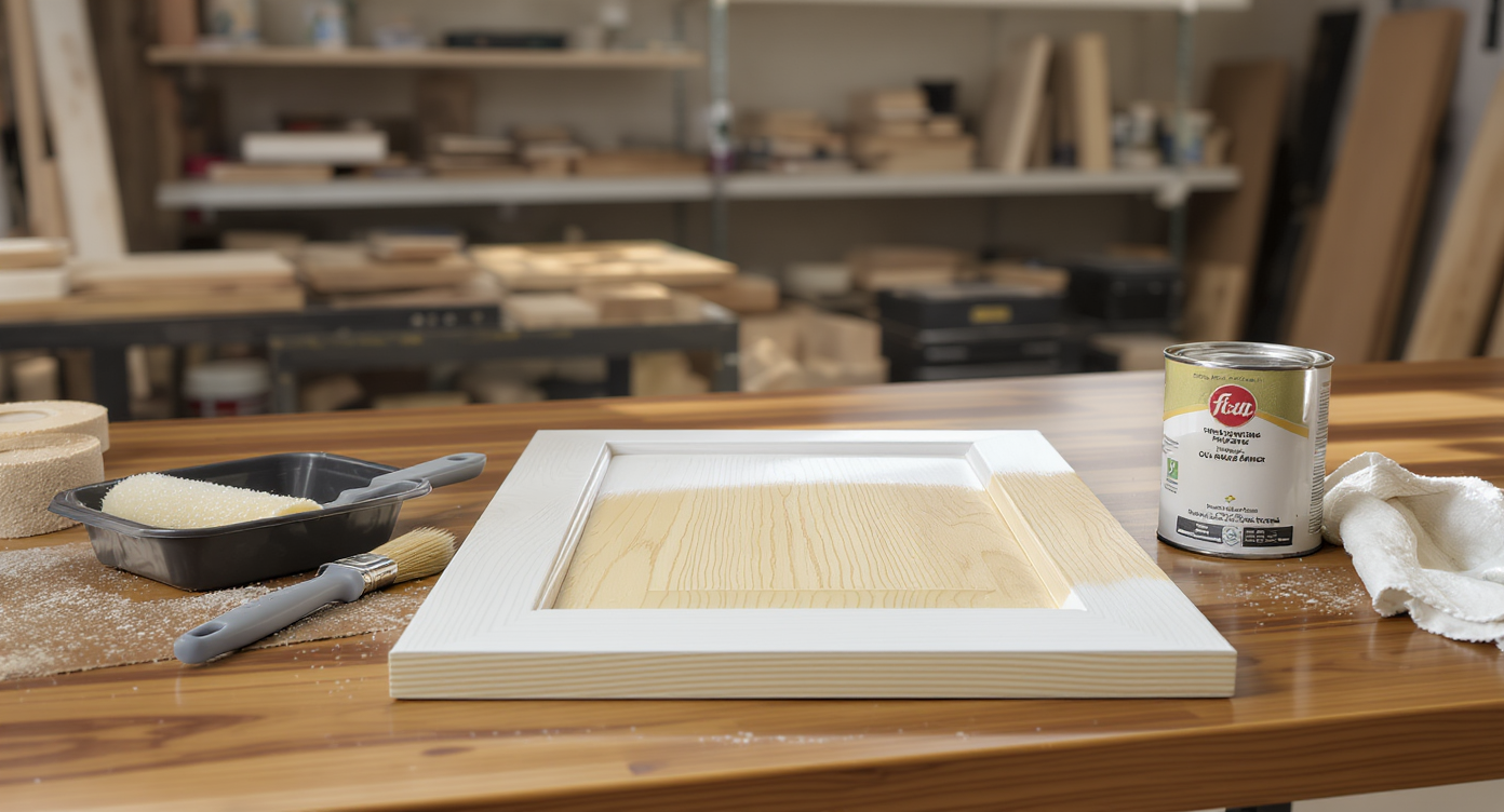 A realistic workshop scene with a wood door partly covered in white water-based primer atop oil-based primer, surrounded by painting tools.