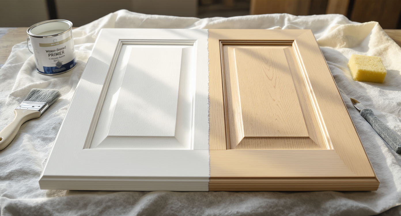 Editorial, photorealistic image of a sanded, primed wooden cabinet door ready for water-based primer, with tools and materials neatly arranged.