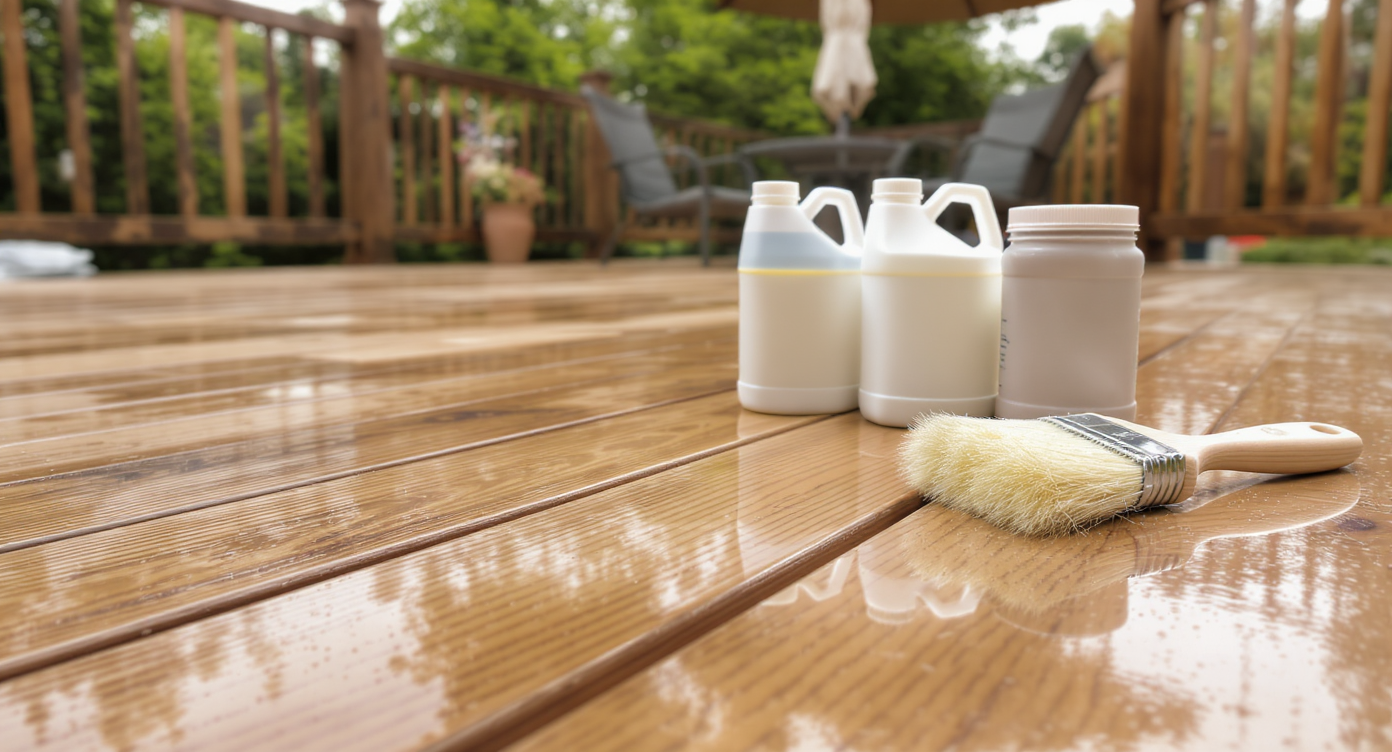 Outdoor deck wood with glossy clear sealant, surrounded by polyurethane, spar urethane, and clear coat cans, applicators nearby in daylight.