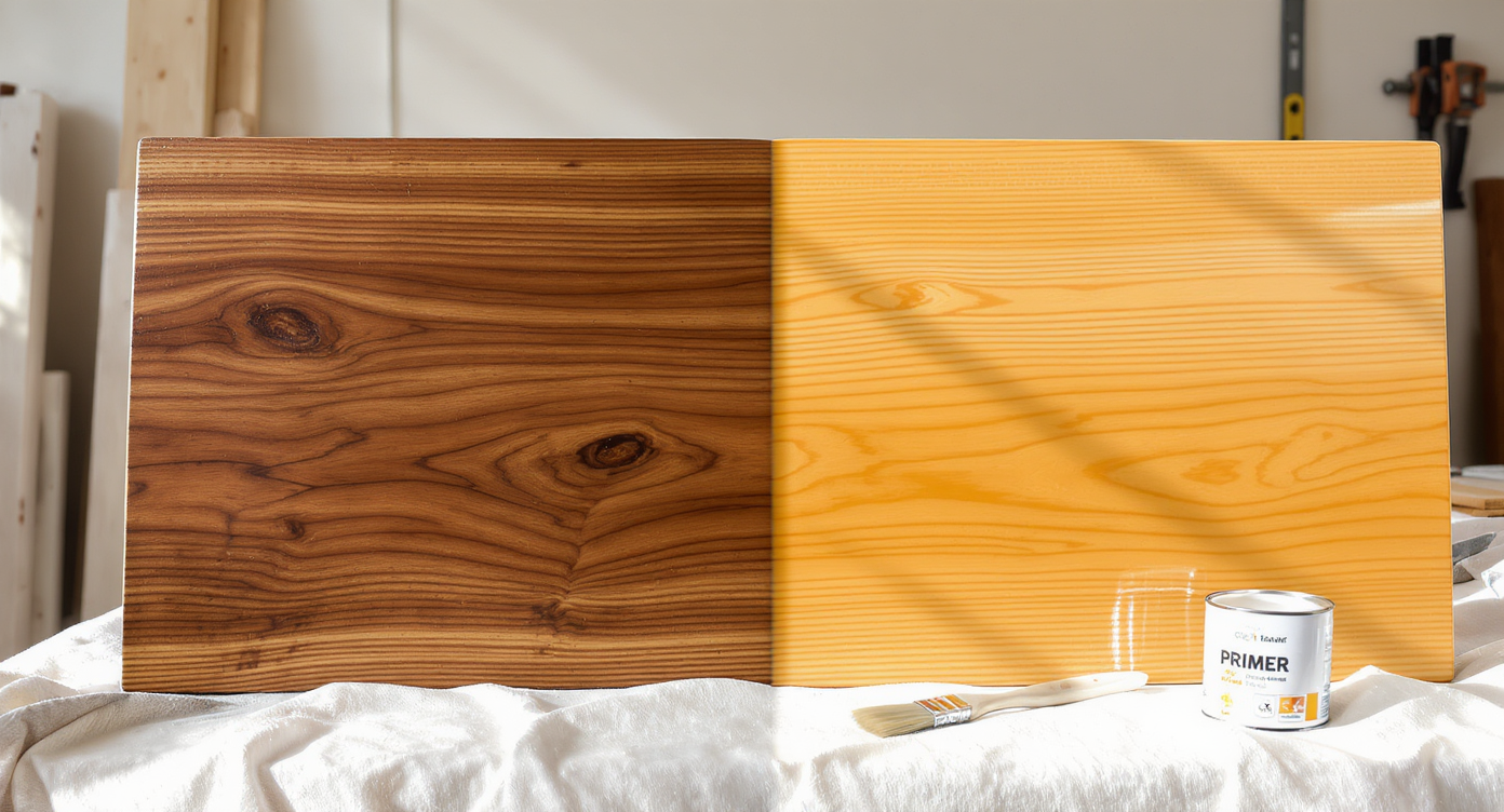 A wood panel in a sunlit workspace, half coated with oil-based primer and half raw, showing clear contrast in grain and stain sealing.
